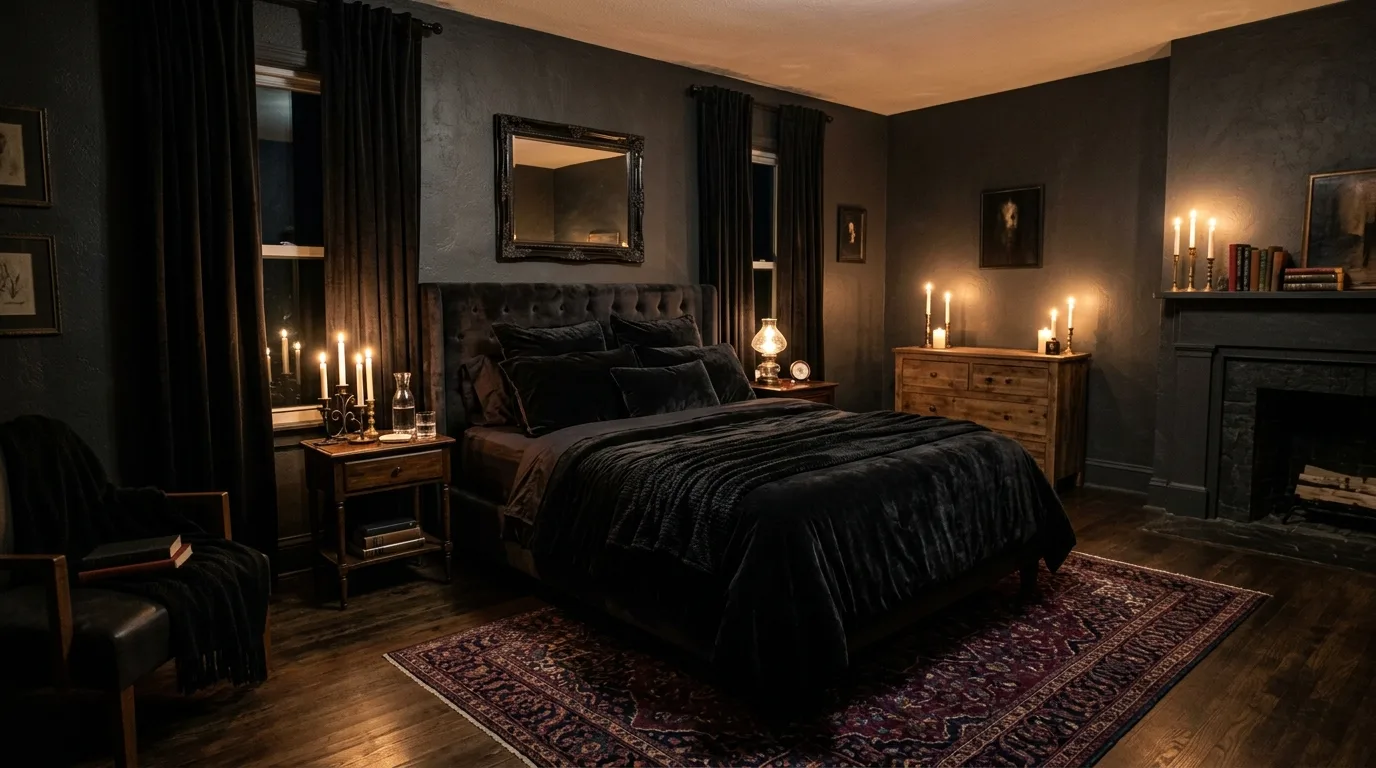 Dramatic moody bedroom styled as a dark and cozy sanctuary.